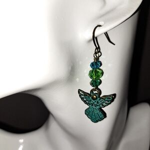Elegant Green Bronze Verdigris and Crystal Angel Earrings